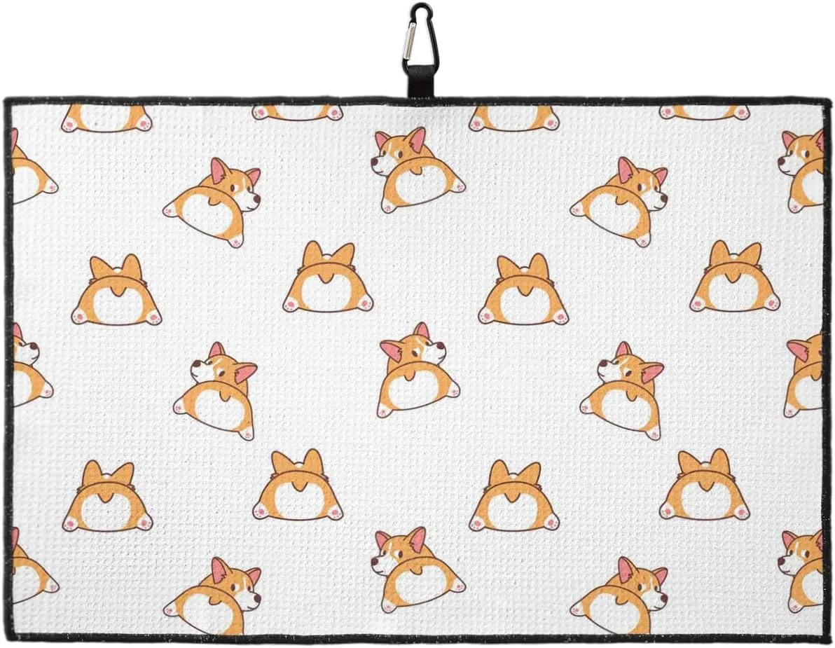 Microfiber Golf Towel with Waffle Pattern Cartoon Corgi Animal Funny Print Golf Towels with Heavy Duty Carabiner Clip for Men and Women