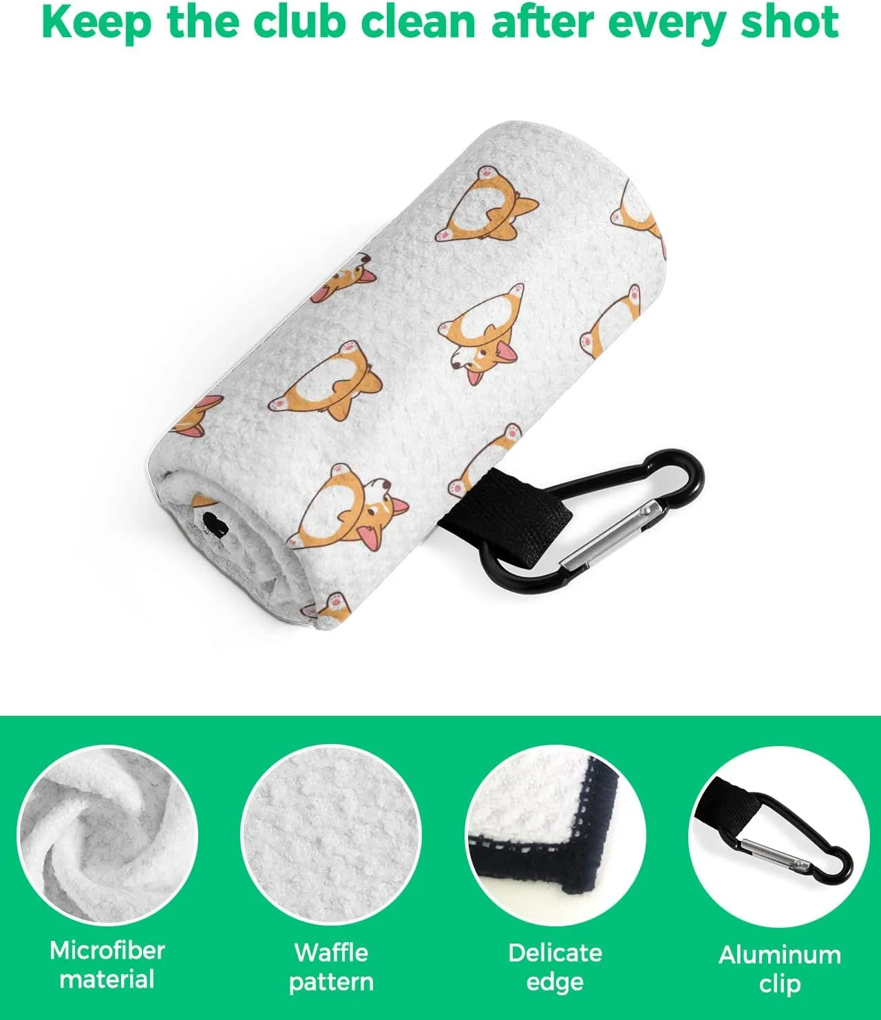 Microfiber Golf Towel with Waffle Pattern Cartoon Corgi Animal Funny Print Golf Towels with Heavy Duty Carabiner Clip for Men and Women