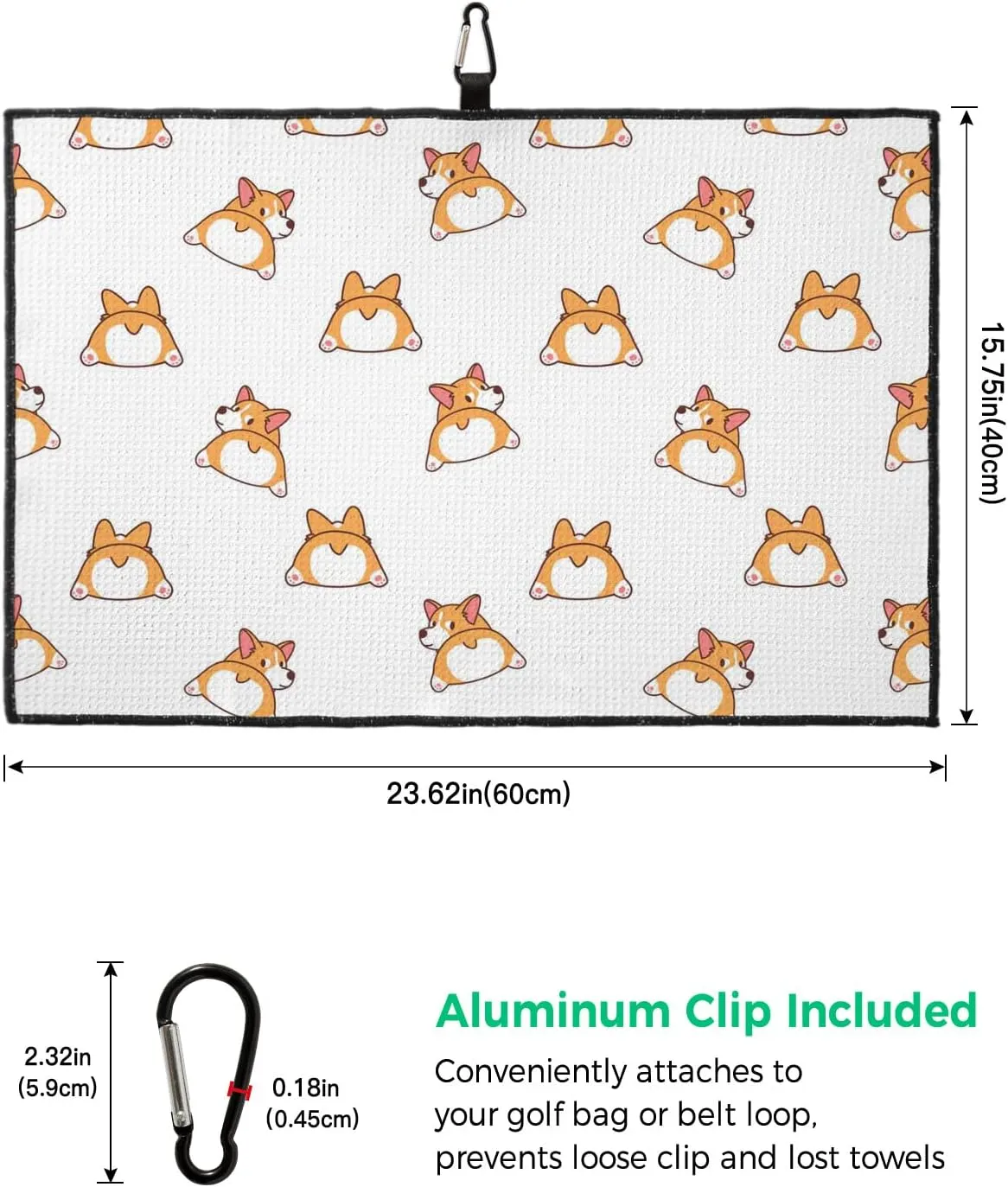 Microfiber Golf Towel with Waffle Pattern Cartoon Corgi Animal Funny Print Golf Towels with Heavy Duty Carabiner Clip for Men and Women