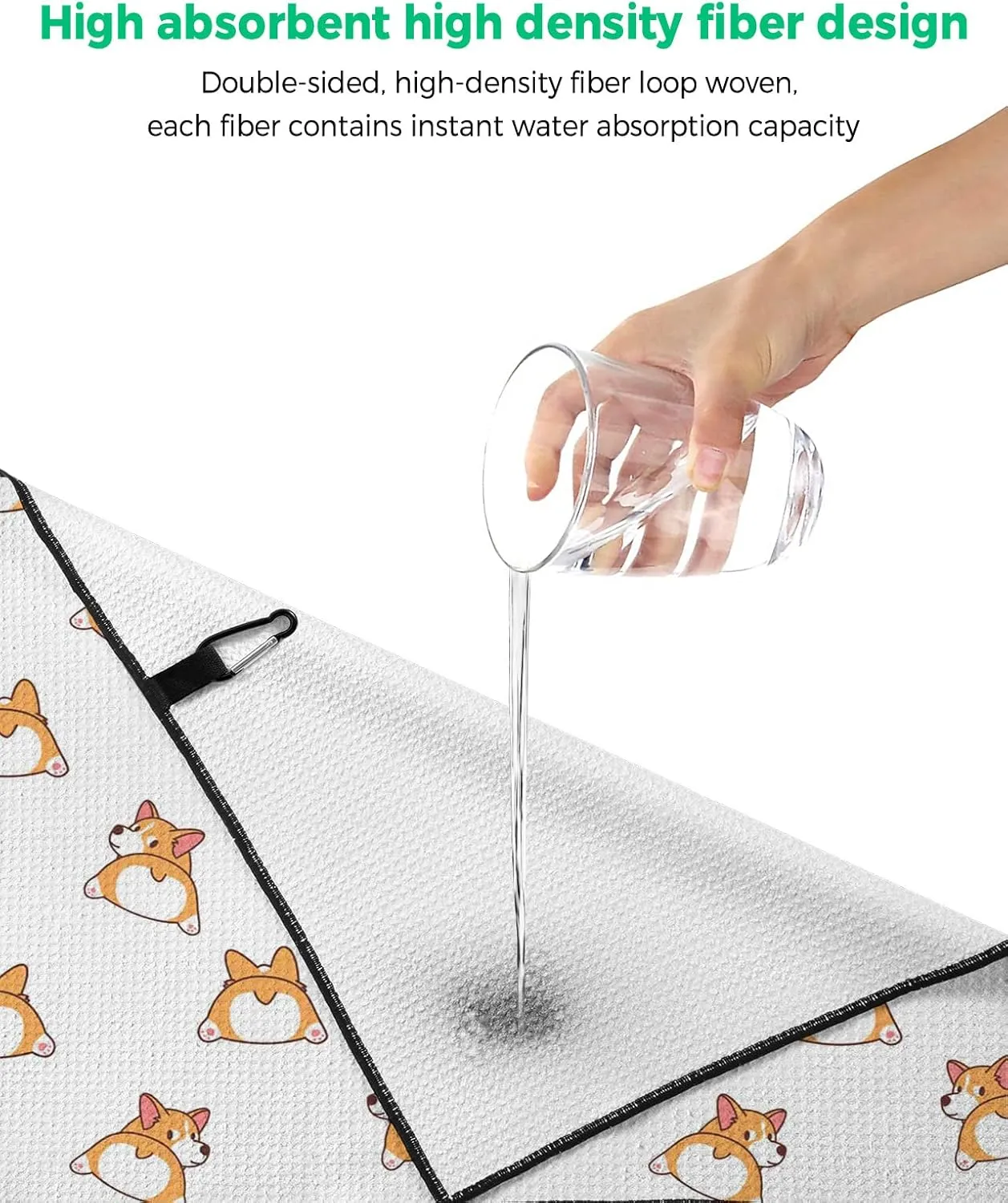 Microfiber Golf Towel with Waffle Pattern Cartoon Corgi Animal Funny Print Golf Towels with Heavy Duty Carabiner Clip for Men and Women