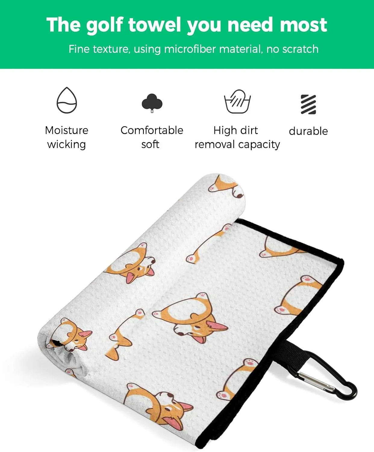 Microfiber Golf Towel with Waffle Pattern Cartoon Corgi Animal Funny Print Golf Towels with Heavy Duty Carabiner Clip for Men and Women