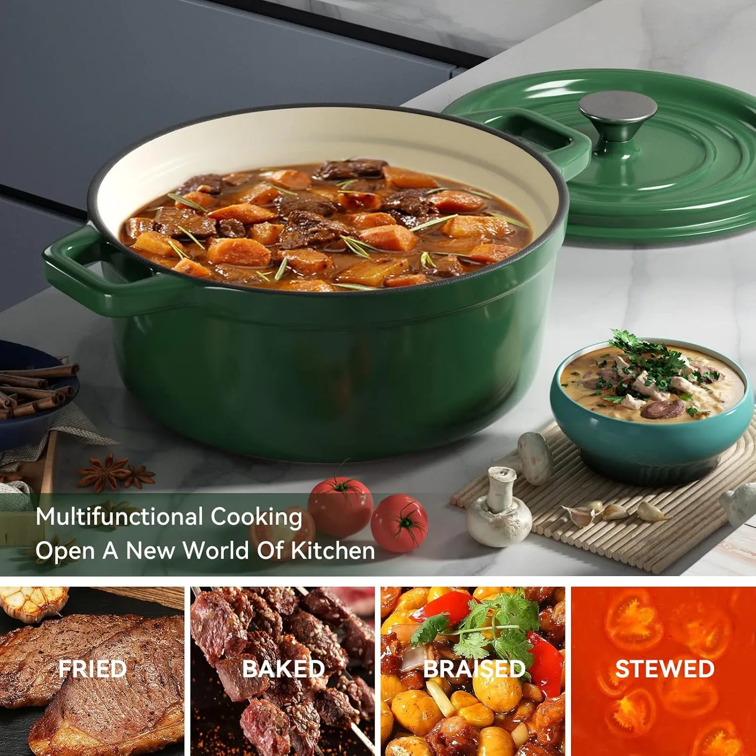 Miereirl 6.5 Quart Enameled Dutch Oven Pot with Lid, Cast Iron Dutch Oven with Dual Handles for Bread Baking, Cooking, Non-stick Enamel Coated Cookware (Green)