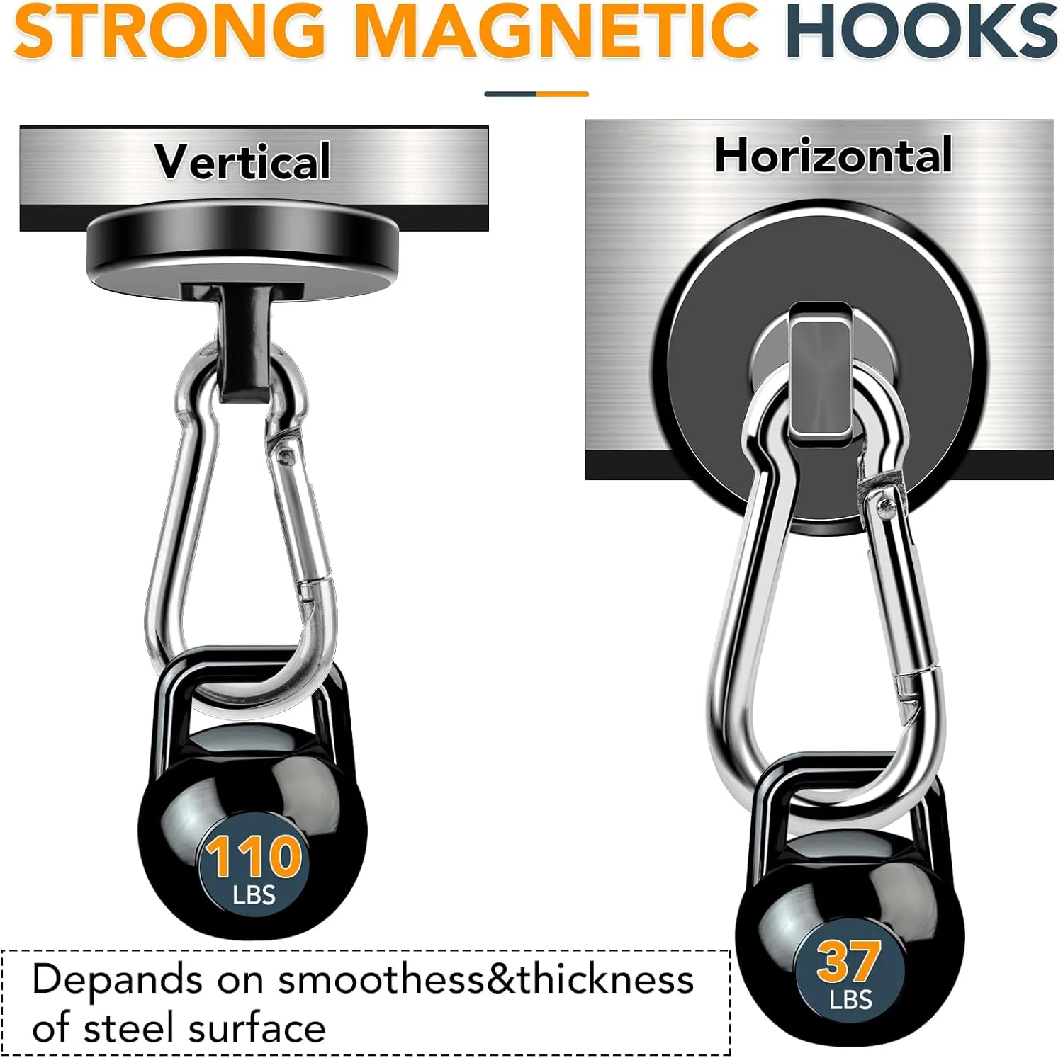 MIKEDE Magnetic Hooks Heavy Duty, 110LBS  Strong Neodymium Magnets with Swivel Carabiner Hook, Black Magnetic Hangers Magnet Hooks for Locker, Home, Cruise Cabin, Office - 10 Pack
