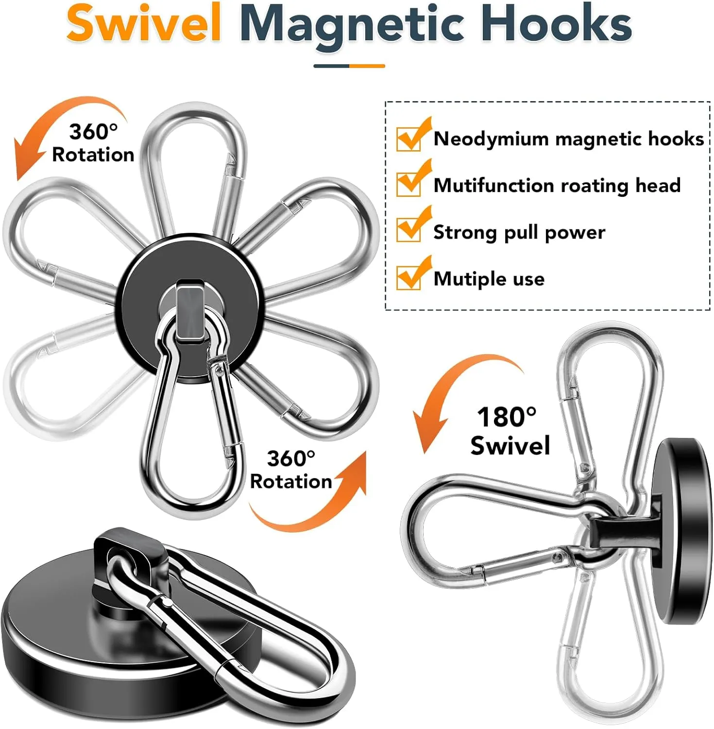 MIKEDE Magnetic Hooks Heavy Duty, 110LBS  Strong Neodymium Magnets with Swivel Carabiner Hook, Black Magnetic Hangers Magnet Hooks for Locker, Home, Cruise Cabin, Office - 10 Pack