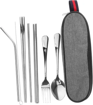 Mikikit 1set Stainless Steel Portable Camping Tableware Set Utensil Kit for Travel Hiking Picnics and Family Outings and Multipurpose Outdoor Dining Essentials