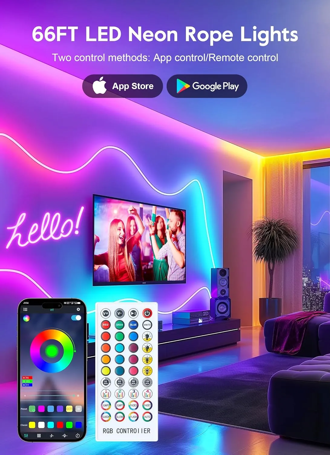 Minetom 66Ft Led Neon Rope Lights, RGB LED Strip Lights, Control with App/Remote, IP68 Waterproof Flexible Outdoor Led Rope Lights, Multiple Modes, Music Sync Neon Lights for Bedroom Gaming Room Decor