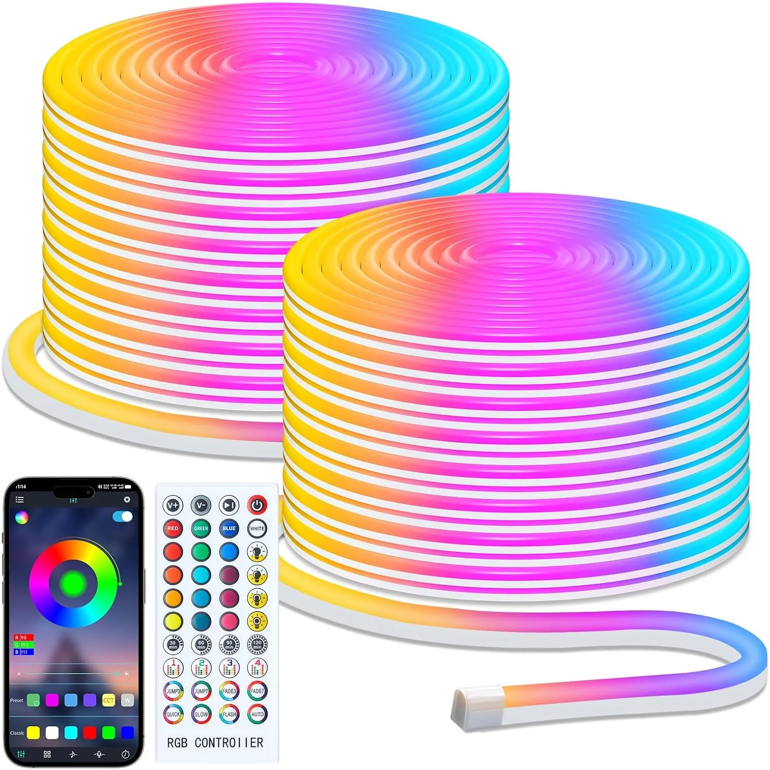 Minetom 66Ft Led Neon Rope Lights, RGB LED Strip Lights, Control with App/Remote, IP68 Waterproof Flexible Outdoor Led Rope Lights, Multiple Modes, Music Sync Neon Lights for Bedroom Gaming Room Decor
