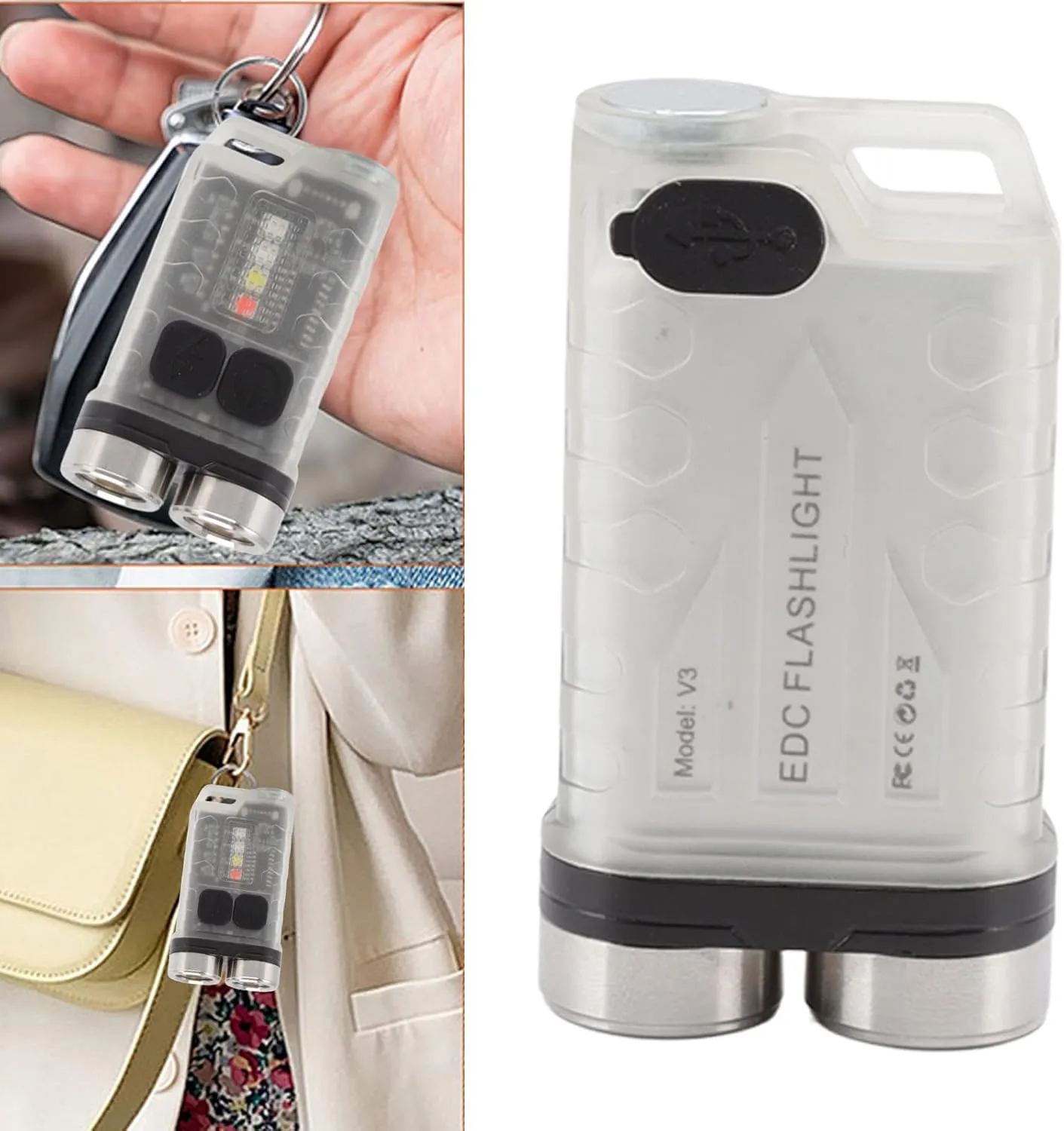 Mini Light Keychain EDC, Small USB Lantern, Portable Lights, Magnetic Keychain for Repair, V3 Hiking Light, Flood Perimeter (White)