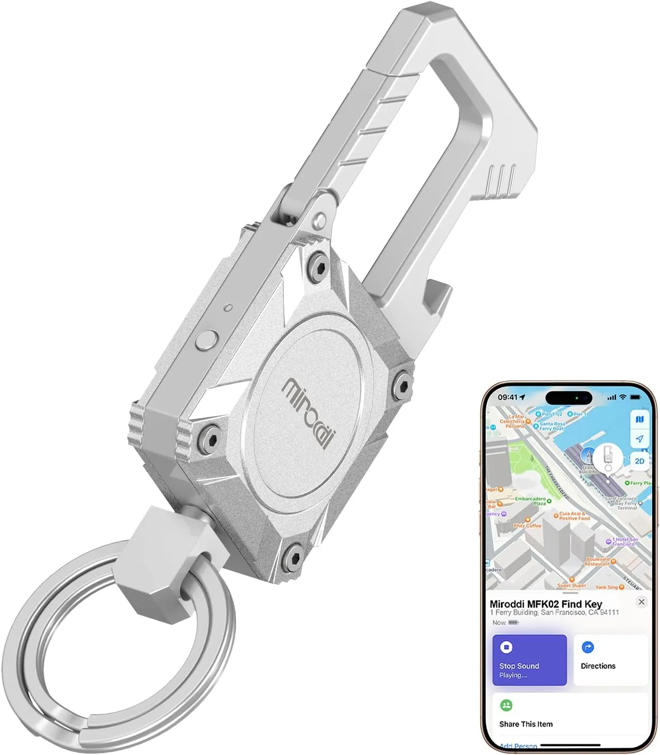 Miroddi Car Keychain with Tracker - Heavy Duty Key Carabiner, Bottle Opener, Key Finder, GPS Anti-lost, Rechargeable, Silver