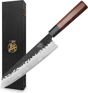 MITSUMOTO SAKARI 9 inch Japanese Kiritsuke Chef Knife, High Carbon Stainless Steel Kitchen Knife, Professional Hand Forged Meat Sushi Knife (Rosewood Handle & Sandalwood Box)