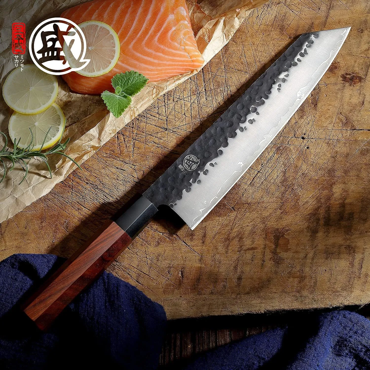MITSUMOTO SAKARI 9 inch Japanese Kiritsuke Chef Knife, High Carbon Stainless Steel Kitchen Knife, Professional Hand Forged Meat Sushi Knife (Rosewood Handle & Sandalwood Box)