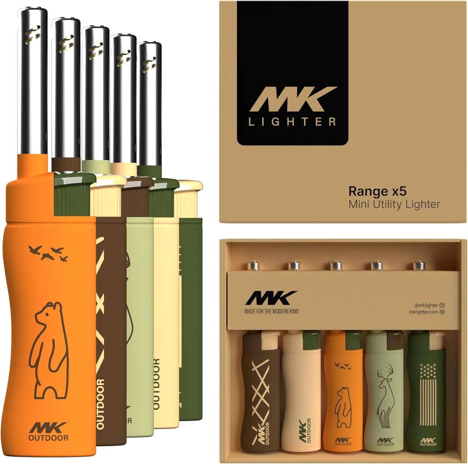 MK Lighter 5pcs. Outdoor Series Candle Lighters, Windproof Torch Flame, BBQ Grills, Camping Lighters, Outdoor Activities, Refillable Butane, Multipurpose Lighters
