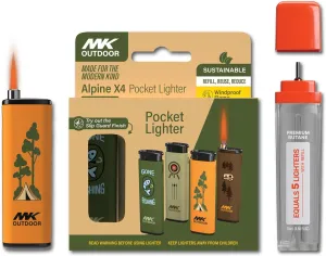 MK Lighter Outdoor Series 4 PC Lighters with 1PC Premium Butane Set, Wind Resistant Flame, Ideal as Lighters for BBQ, Camping Lighters, Butane with Refillable Lighters (Alpine-Explore-4PC Butane)