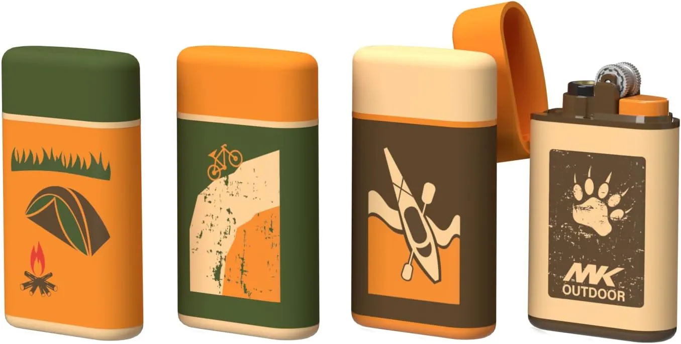MK Lighter Outdoor Series Camper 4-Pack Assorted Designs, Refillable Butane Tank, Torch Flame, Prepping & Camping Supplies, Survival Lighters (Camper F)