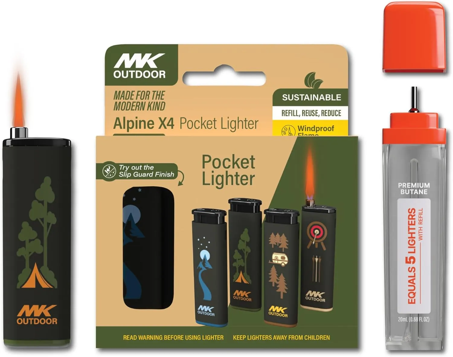 MK Outdoor Series 4PC Lighters With 1PC Premium Butane Set, Wind Resistant Flame, Ideal for BBQ, Camping, Refillable (Alpine-Outdoorsmen-4PC-Butane)