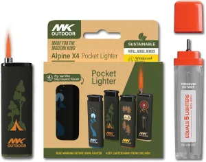 MK Outdoor Series 4PC Lighters With 1PC Premium Butane Set, Wind Resistant Flame, Ideal for BBQ, Camping, Refillable (Alpine-Outdoorsmen-4PC-Butane)