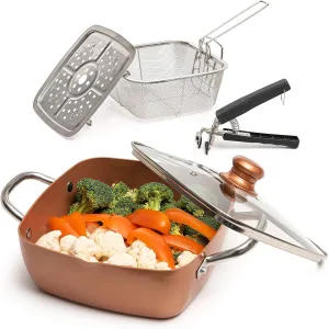 Moss & Stone 5 Pcs Copper Chef Cookware Set, 9.5” Non Stick Deep Frying Pan, Fry Basket, Steamer Rack, Dishwasher & Oven Safe, 5 Quart Deep Square Pan, Induction Copper Cookware Set - 9.5"x3.5"