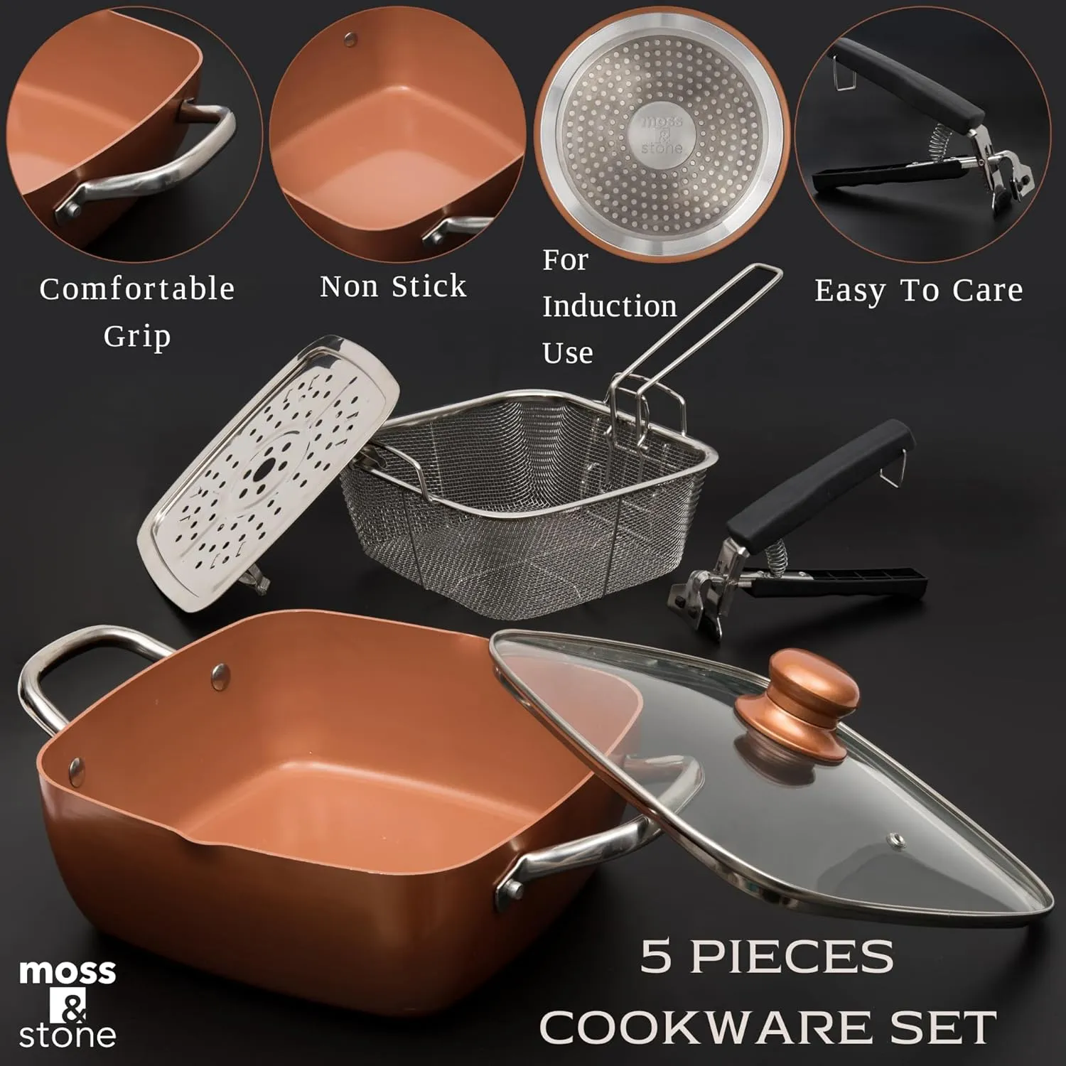 Moss & Stone 5 Pcs Copper Chef Cookware Set, 9.5” Non Stick Deep Frying Pan, Fry Basket, Steamer Rack, Dishwasher & Oven Safe, 5 Quart Deep Square Pan, Induction Copper Cookware Set - 9.5"x3.5"
