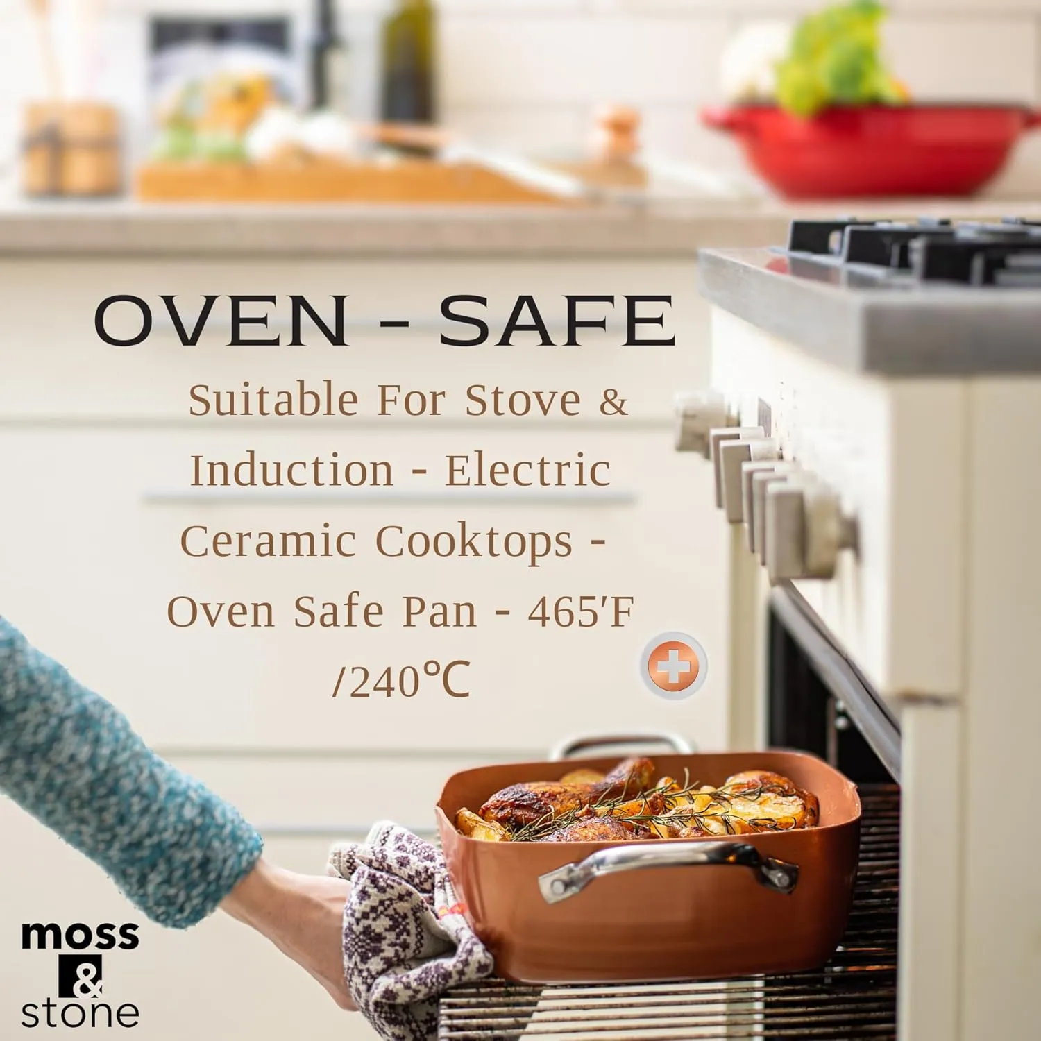 Moss & Stone 5 Pcs Copper Chef Cookware Set, 9.5” Non Stick Deep Frying Pan, Fry Basket, Steamer Rack, Dishwasher & Oven Safe, 5 Quart Deep Square Pan, Induction Copper Cookware Set - 9.5"x3.5"
