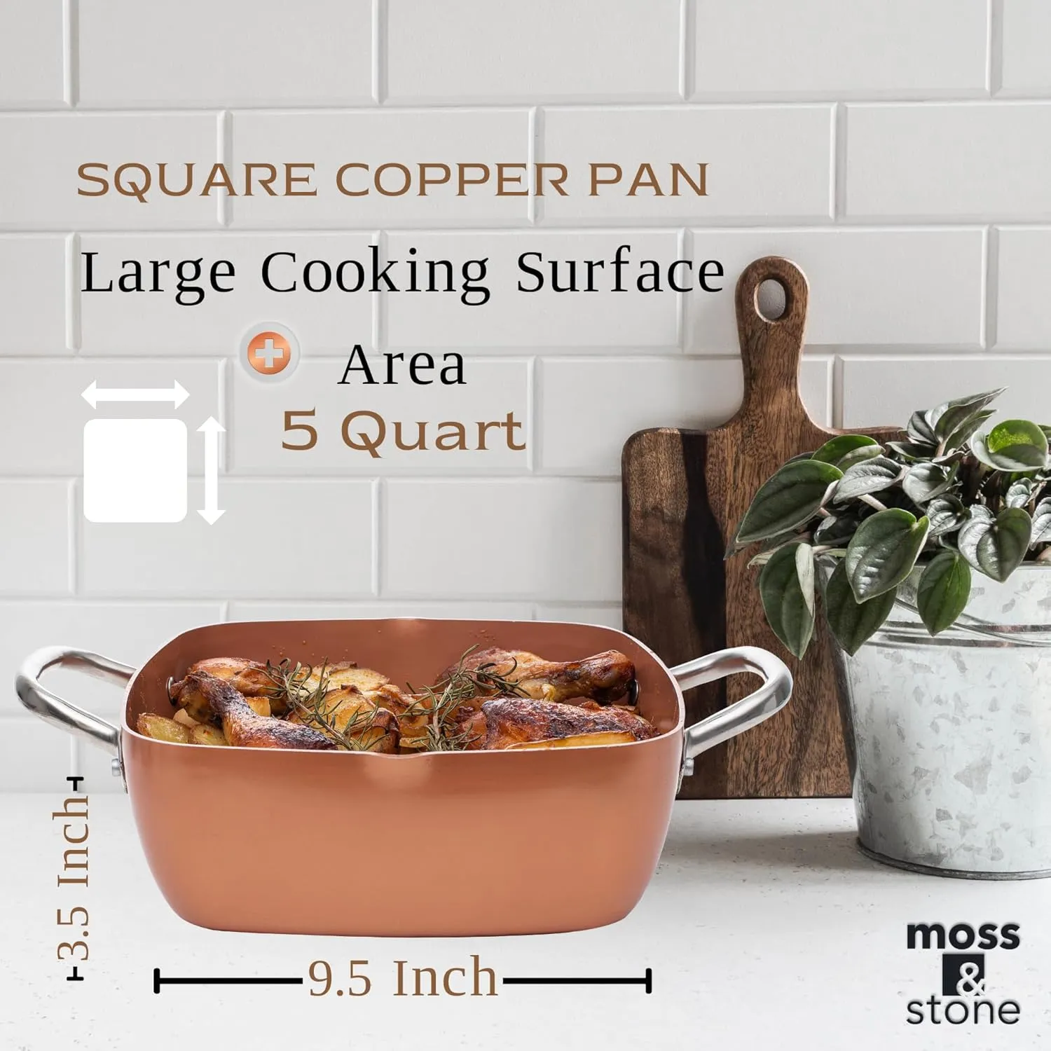 Moss & Stone 5 Pcs Copper Chef Cookware Set, 9.5” Non Stick Deep Frying Pan, Fry Basket, Steamer Rack, Dishwasher & Oven Safe, 5 Quart Deep Square Pan, Induction Copper Cookware Set - 9.5"x3.5"