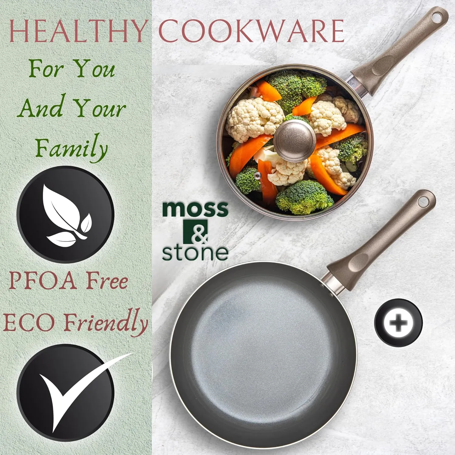 Moss & Stone 6 Pcs Dark Grey Nonstick Cookware Set, Pots And Pans Set Non stick With Glass Lid, Induction Cookware, Stay-Cool Handle PTFE/PFOA Kitchen Cookware 6-Piece with Frying Pans Set & Saucepan