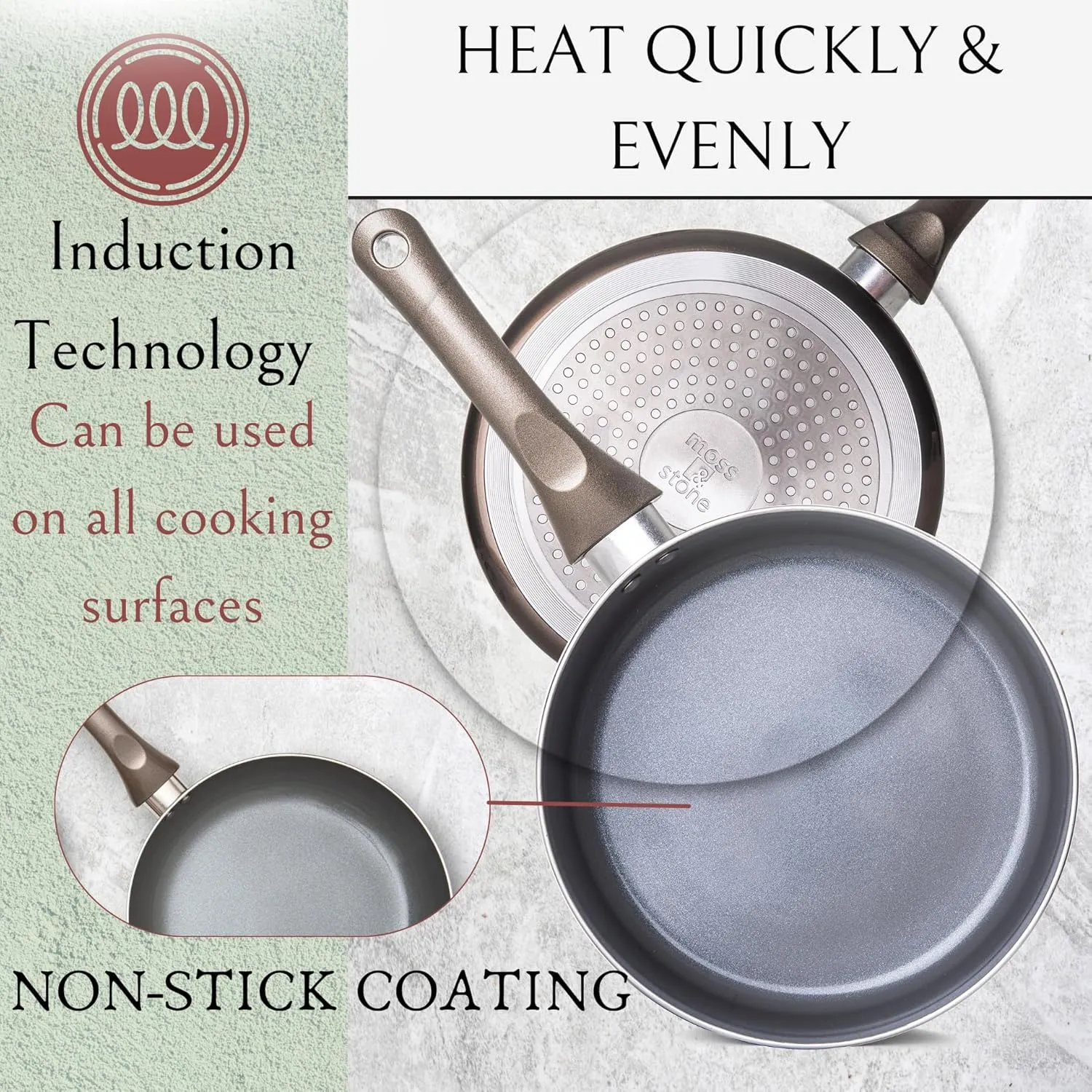 Moss & Stone 6 Pcs Dark Grey Nonstick Cookware Set, Pots And Pans Set Non stick With Glass Lid, Induction Cookware, Stay-Cool Handle PTFE/PFOA Kitchen Cookware 6-Piece with Frying Pans Set & Saucepan