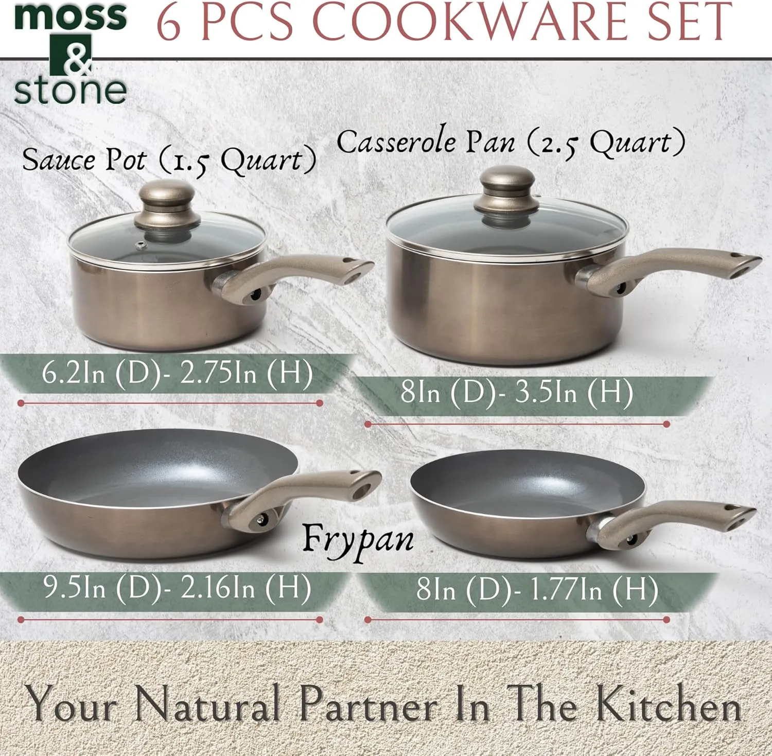 Moss & Stone 6 Pcs Dark Grey Nonstick Cookware Set, Pots And Pans Set Non stick With Glass Lid, Induction Cookware, Stay-Cool Handle PTFE/PFOA Kitchen Cookware 6-Piece with Frying Pans Set & Saucepan
