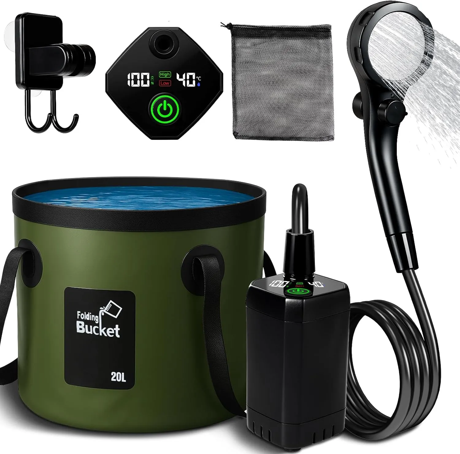 Motivekit™ Portable Camping Shower | 5.3 Gallons Foldable Bucket, 6000mAh Rechargeable Shower Pump, 6' 7" Shower Head, Father's Day Summer Beach Outdoor Hiking Pet Bath RV Car Wash Water Plant