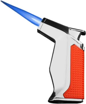 Multifunctional Metal Blue Flame Windproof Butane Lighter, 360 Degree Rotation, Flame Adjustable and Lockable, Refillable, Suitable for Candle Camping (Gas Not Included)(Silver)