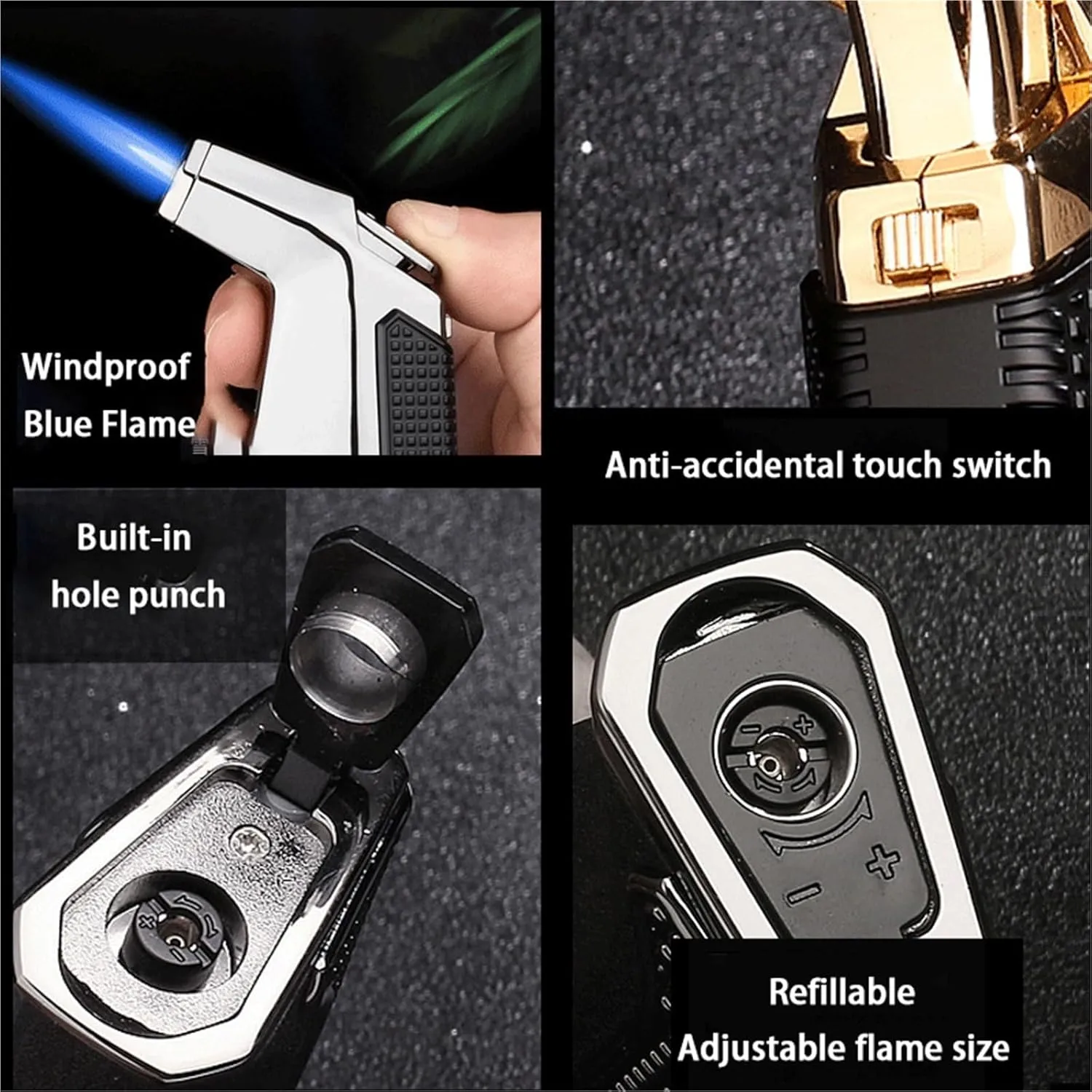 Multifunctional Metal Blue Flame Windproof Butane Lighter, 360 Degree Rotation, Flame Adjustable and Lockable, Refillable, Suitable for Candle Camping (Gas Not Included)(Silver)