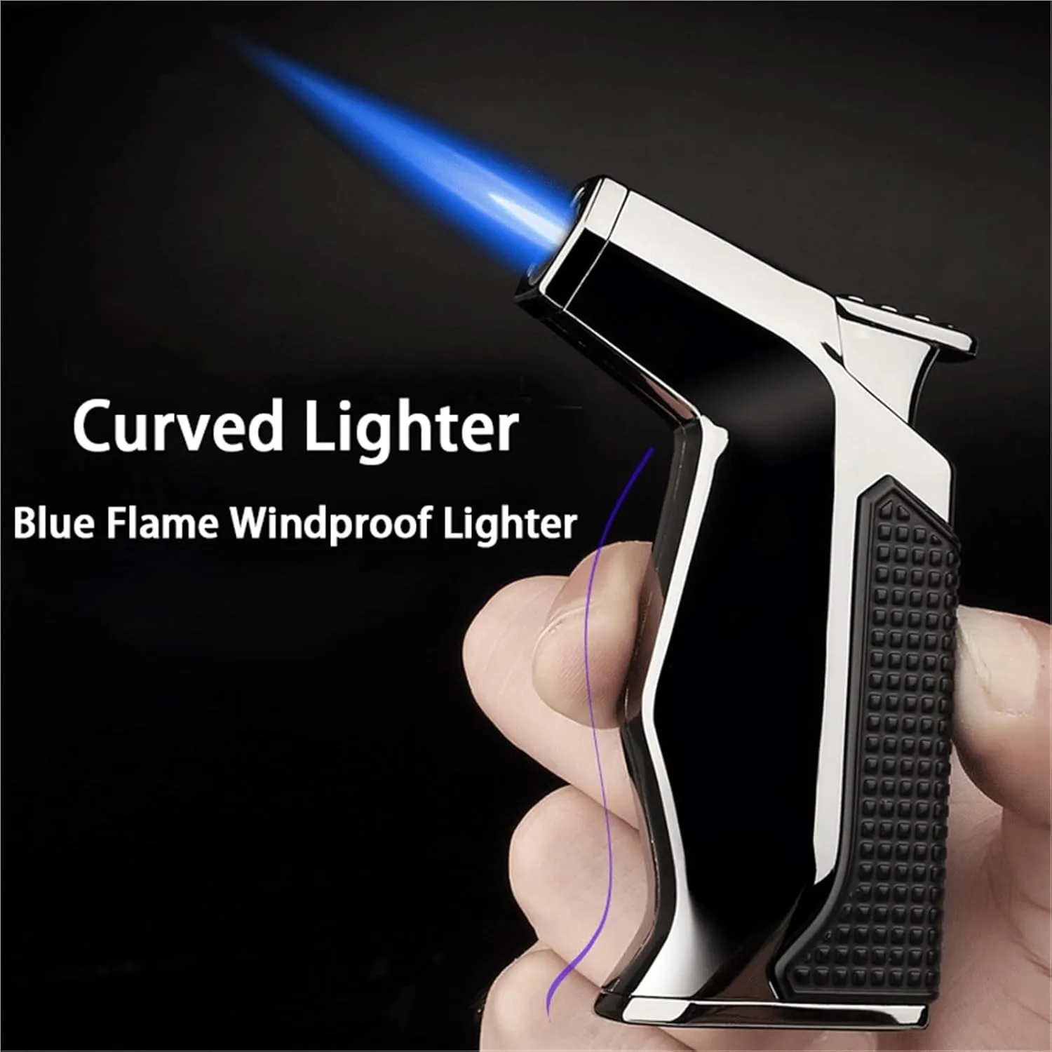 Multifunctional Metal Blue Flame Windproof Butane Lighter, 360 Degree Rotation, Flame Adjustable and Lockable, Refillable, Suitable for Candle Camping (Gas Not Included)(Silver)