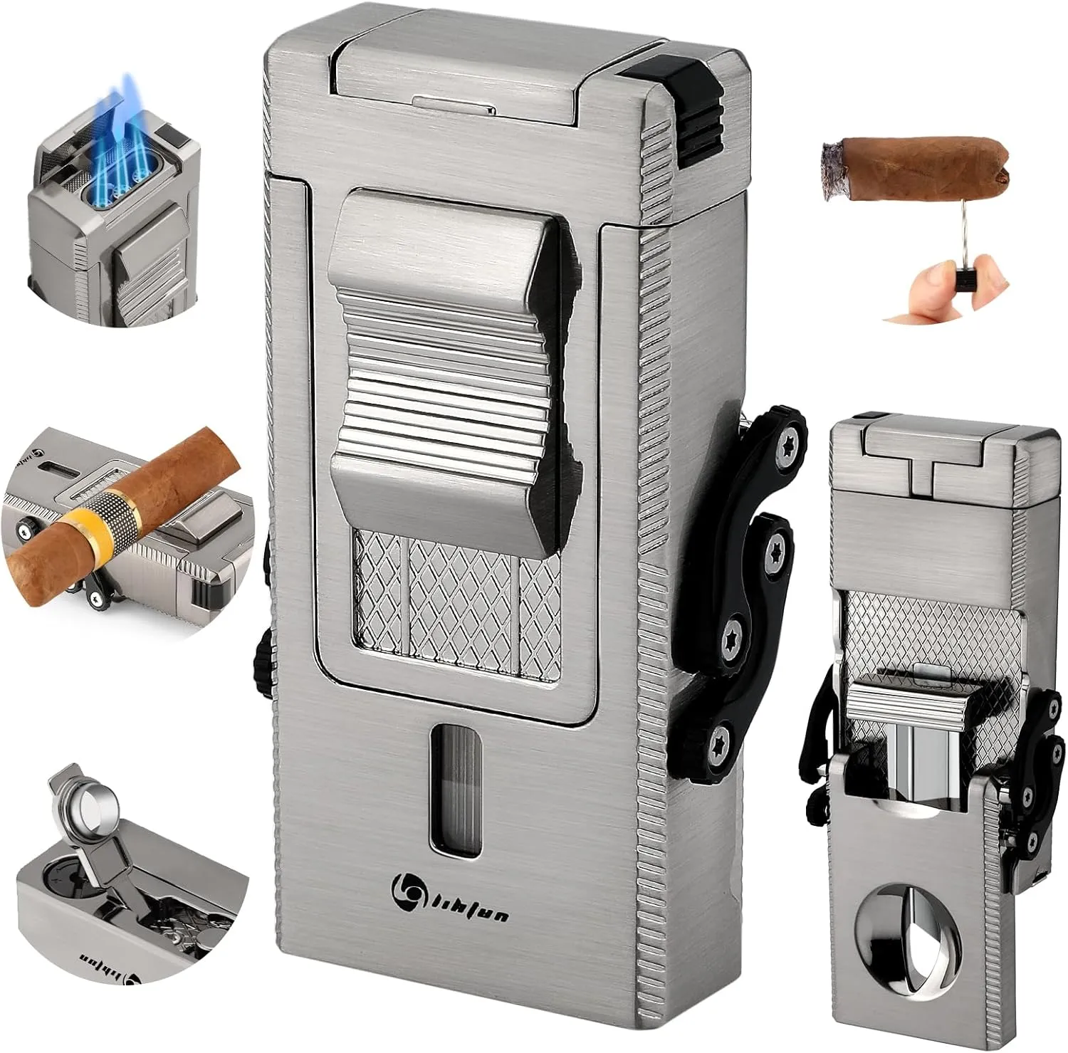 Multifunctional Torch Lighter - All-in-1 Cigar Lighter with Built-in Holder, Draw Enhancer, Punch, Folding V-Cut Cutter (Grayish White)