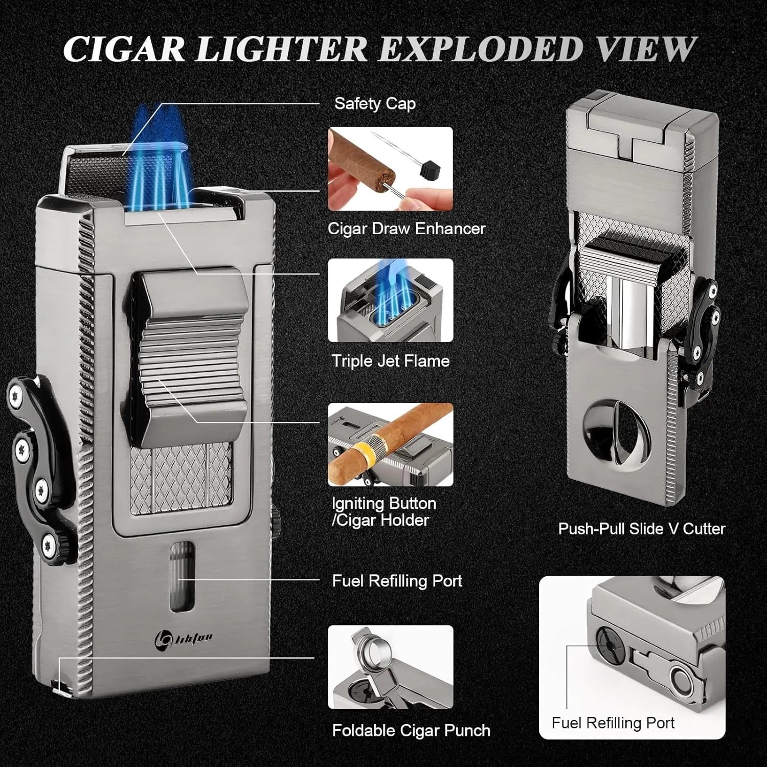 Multifunctional Torch Lighter - All-in-1 Cigar Lighter with Built-in Holder, Draw Enhancer, Punch, Folding V-Cut Cutter (Grayish White)