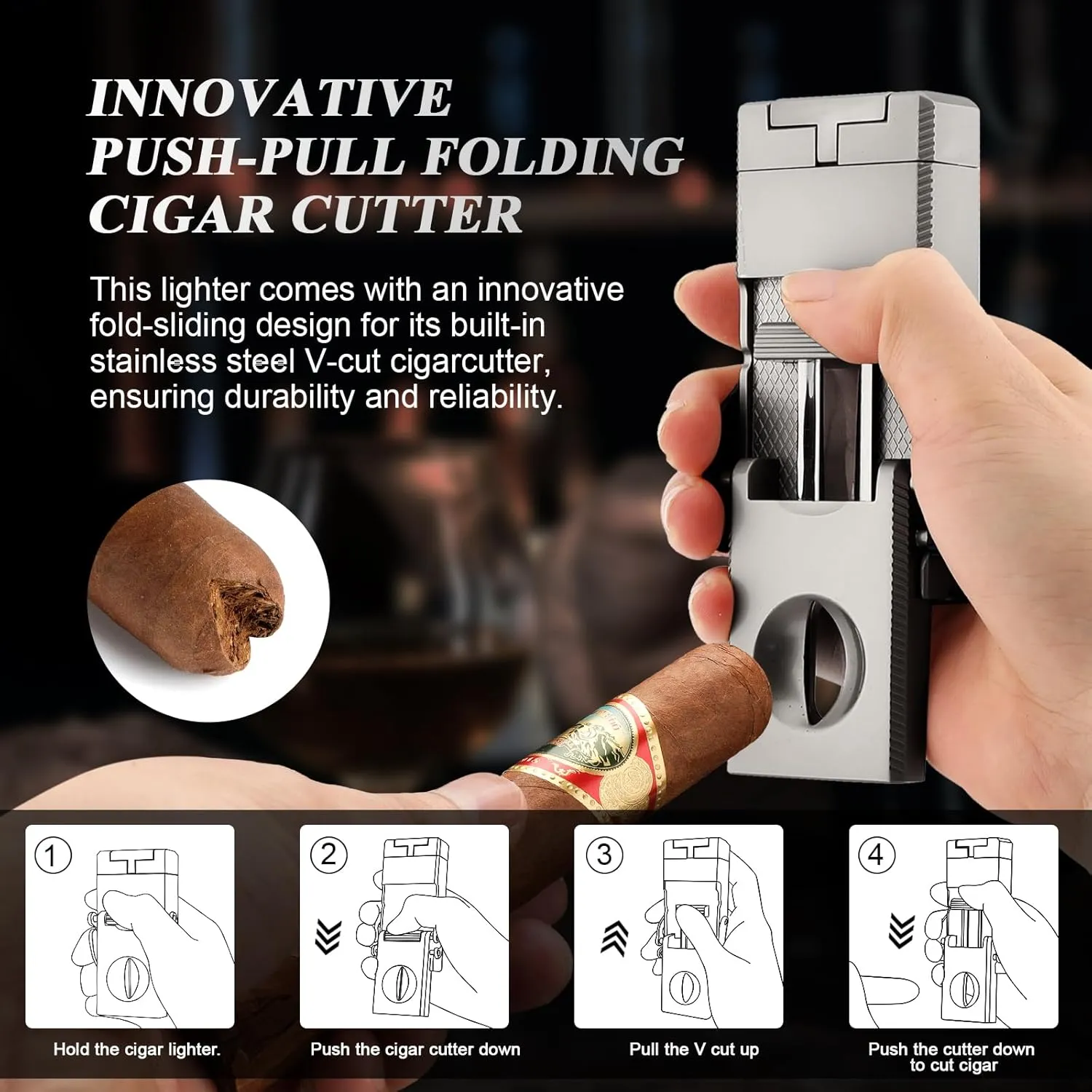 Multifunctional Torch Lighter - All-in-1 Cigar Lighter with Built-in Holder, Draw Enhancer, Punch, Folding V-Cut Cutter (Grayish White)