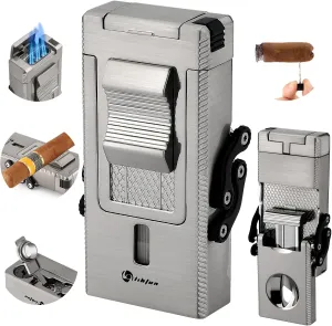 Multifunctional Torch Lighter - All-in-1 Cigar Lighter with Built-in Holder, Draw Enhancer, Punch, Folding V-Cut Cutter (Grayish White)
