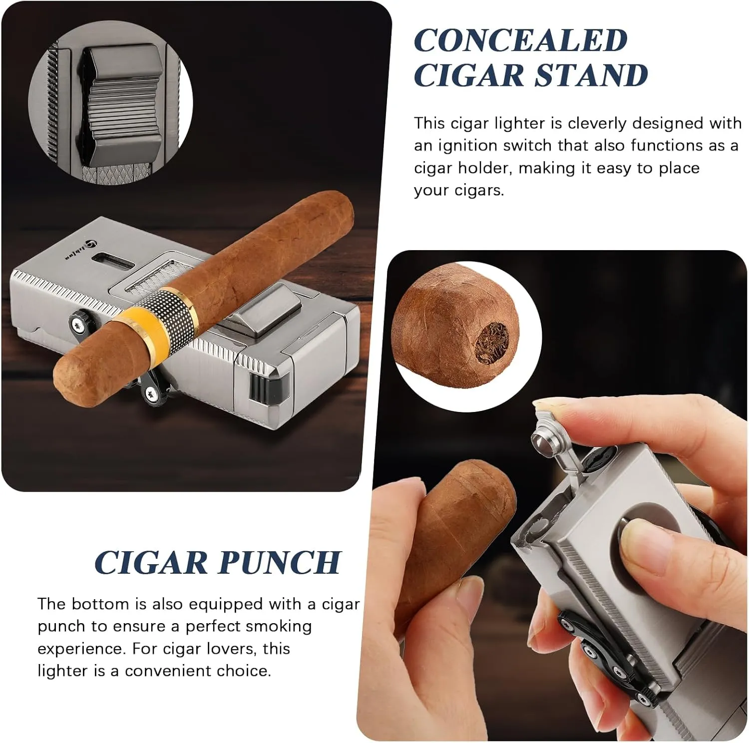 Multifunctional Torch Lighter - All-in-1 Cigar Lighter with Built-in Holder, Draw Enhancer, Punch, Folding V-Cut Cutter (Grayish White)