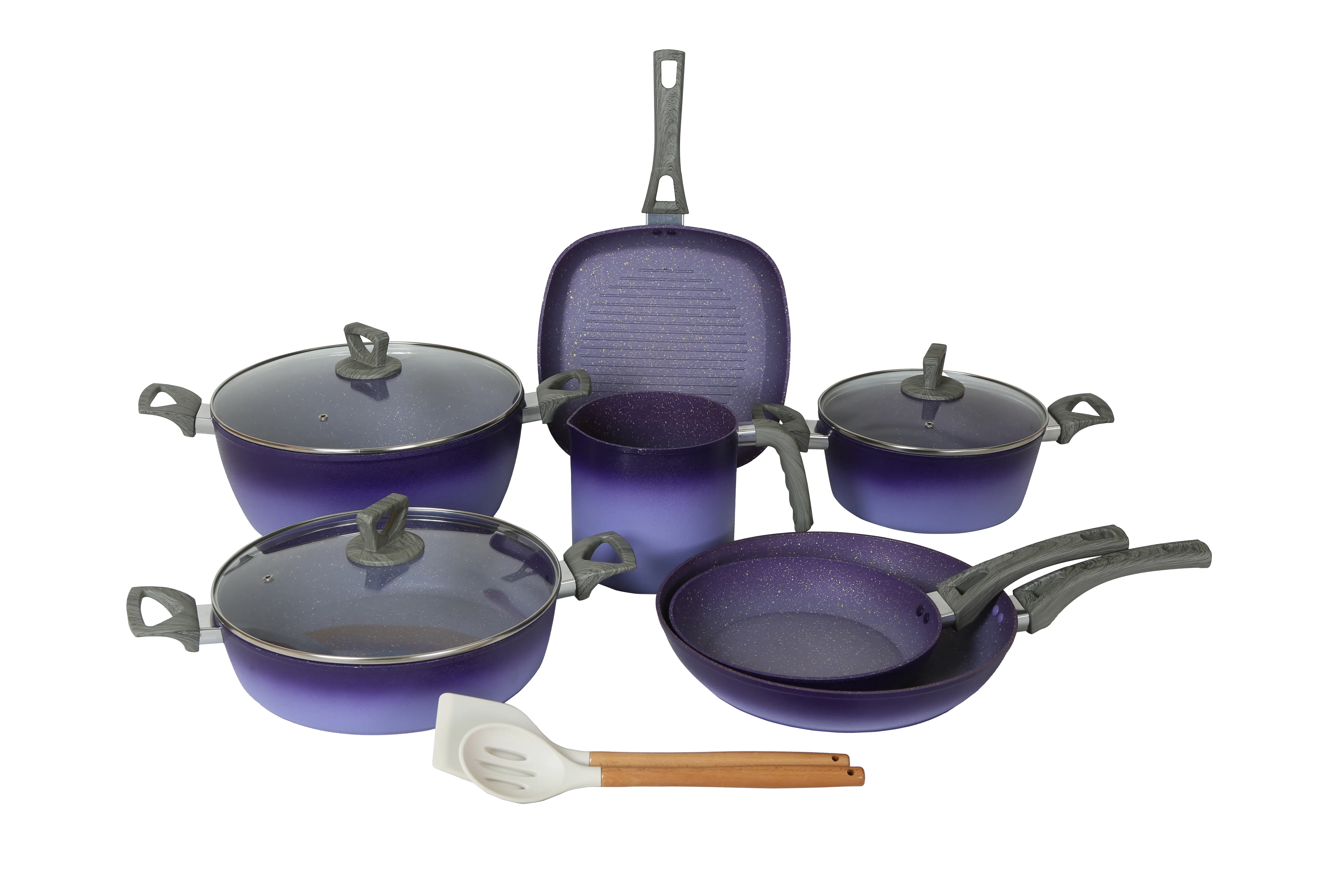 NEWARE PURPLE Terracotta BIGGER 12 Piece Cooking Set with Milk Cup/ Batería mas GRANDE de 12 piezas de Terracotta MORADO con POCILLO