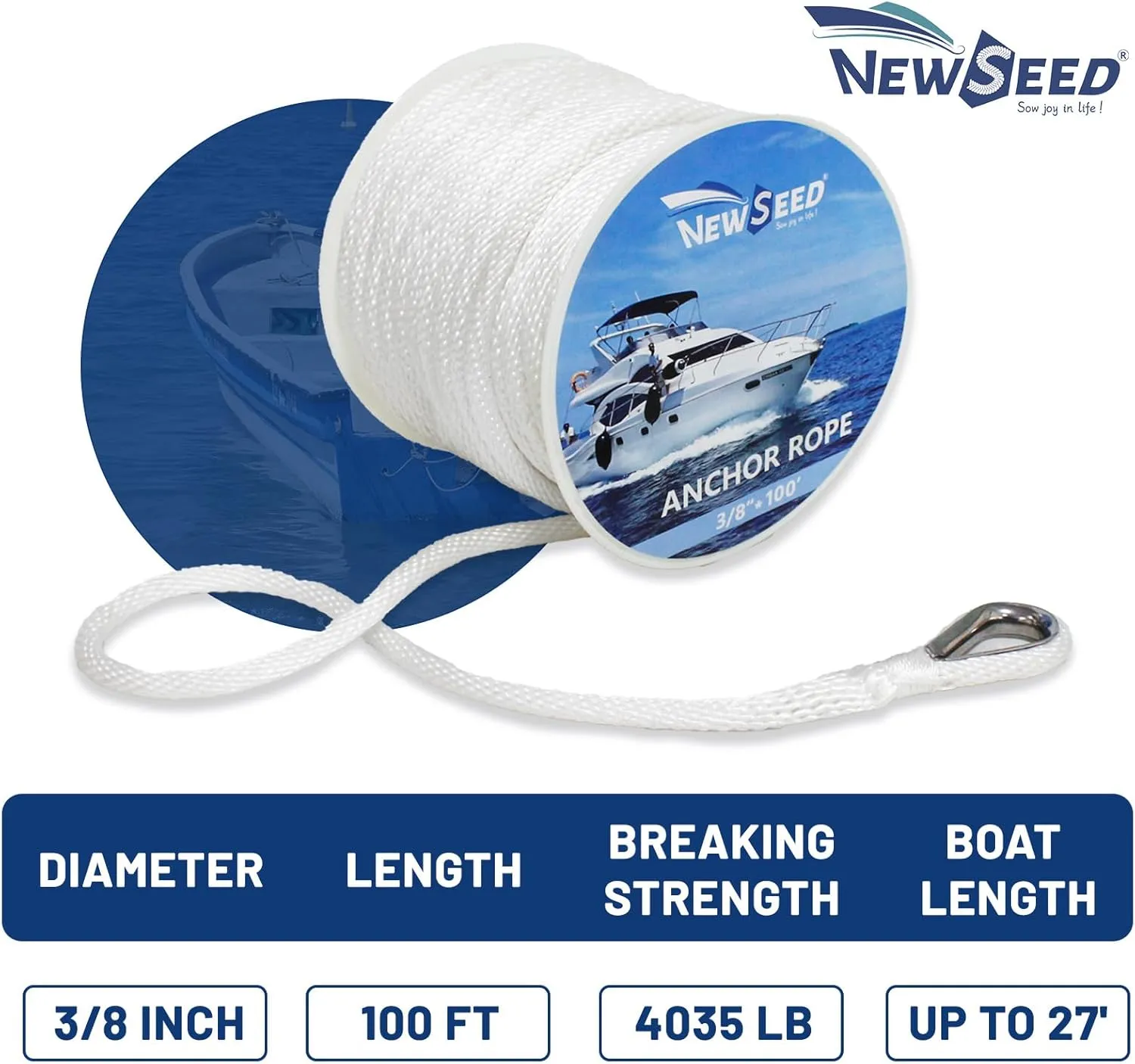 NEWSEED Anchor Rope 3/8" x 100FT Solid Braid Boat Anchor Line – 4035 lbs Break Strength, Marine Grade Rope with 316 Stainless Thimble – Heavy Duty Docking Line for Boats, Kayaks, Fishing, White