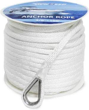 NEWSEED Anchor Rope 3/8" x 100FT Solid Braid Boat Anchor Line – 4035 lbs Break Strength, Marine Grade Rope with 316 Stainless Thimble – Heavy Duty Docking Line for Boats, Kayaks, Fishing, White