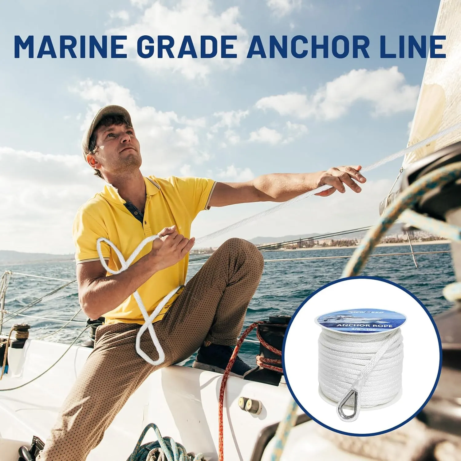 NEWSEED Anchor Rope 3/8" x 100FT Solid Braid Boat Anchor Line – 4035 lbs Break Strength, Marine Grade Rope with 316 Stainless Thimble – Heavy Duty Docking Line for Boats, Kayaks, Fishing, White