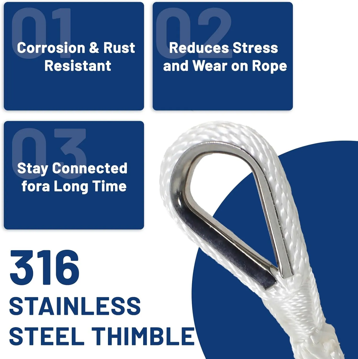 NEWSEED Anchor Rope 3/8" x 100FT Solid Braid Boat Anchor Line – 4035 lbs Break Strength, Marine Grade Rope with 316 Stainless Thimble – Heavy Duty Docking Line for Boats, Kayaks, Fishing, White