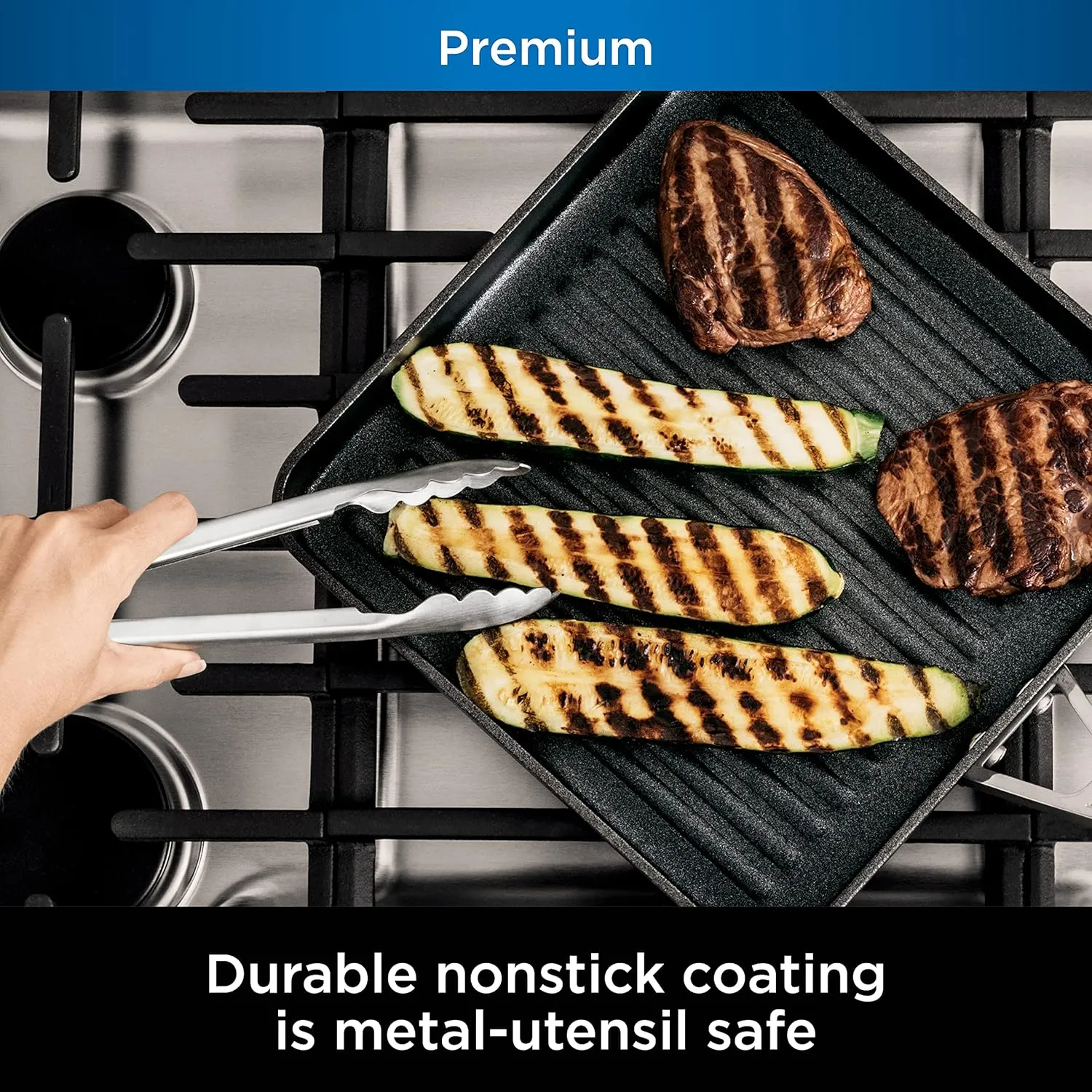 Ninja C30528 Foodi NeverStick Premium 11-Inch Square Grill Pan, Hard-Anodized, Nonstick, Durable & Oven Safe to 500°F, Slate Grey