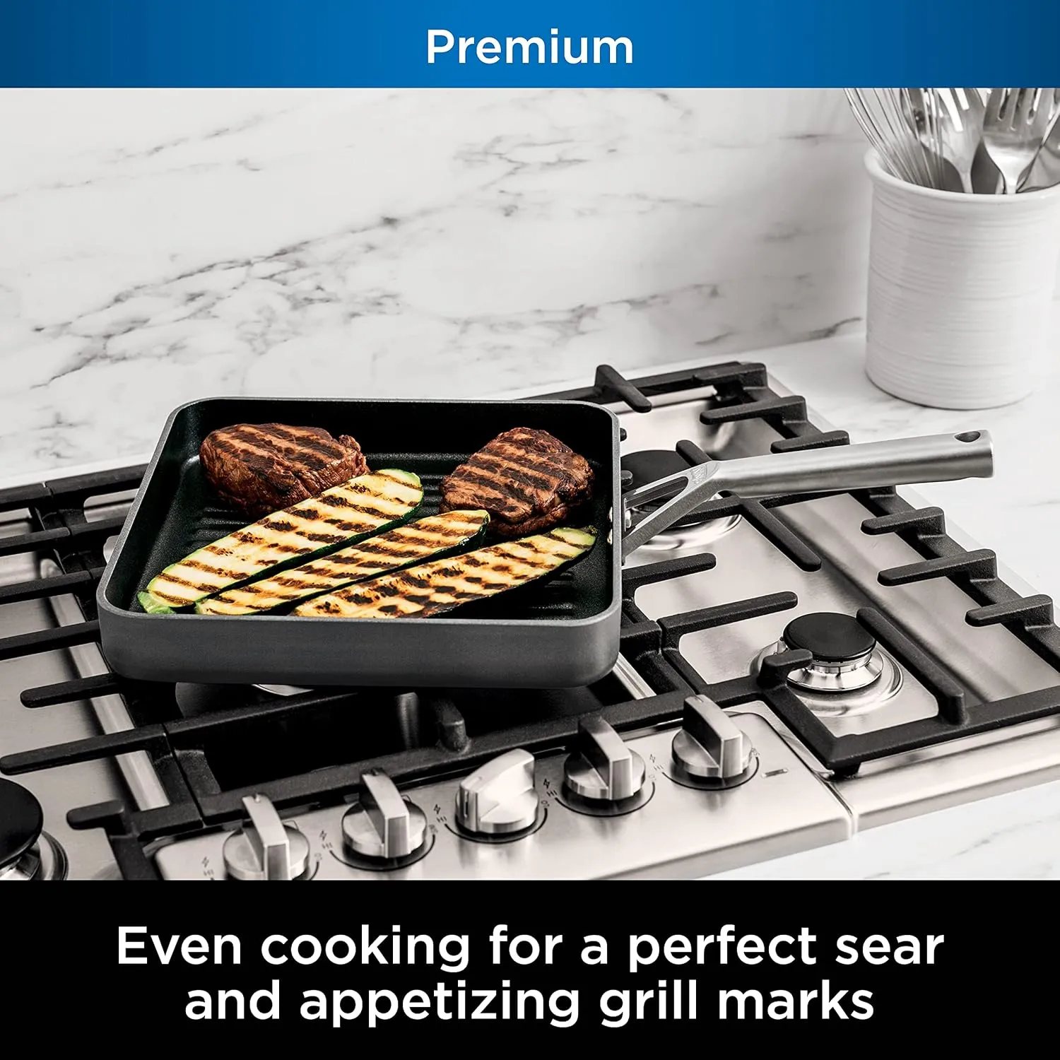 Ninja C30528 Foodi NeverStick Premium 11-Inch Square Grill Pan, Hard-Anodized, Nonstick, Durable & Oven Safe to 500°F, Slate Grey