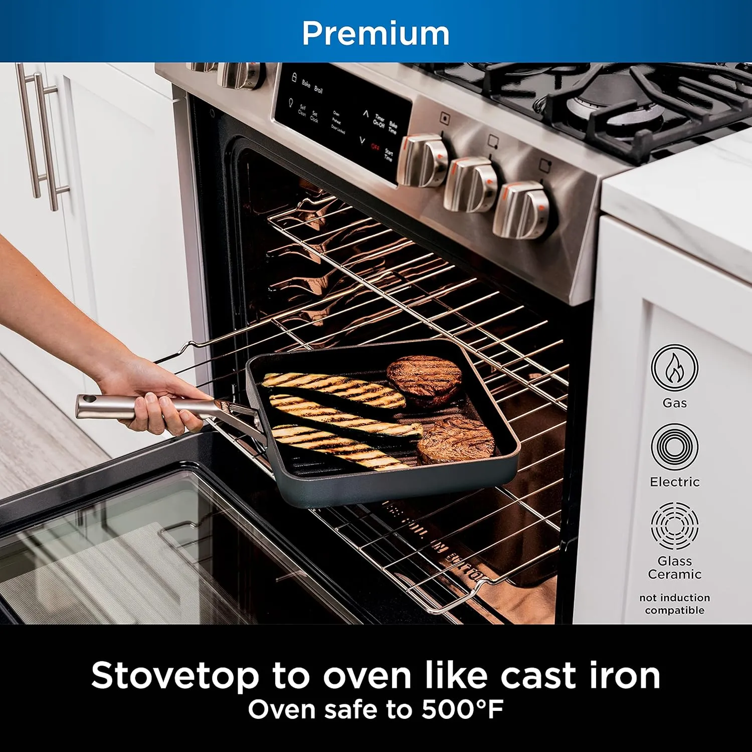 Ninja C30528 Foodi NeverStick Premium 11-Inch Square Grill Pan, Hard-Anodized, Nonstick, Durable & Oven Safe to 500°F, Slate Grey