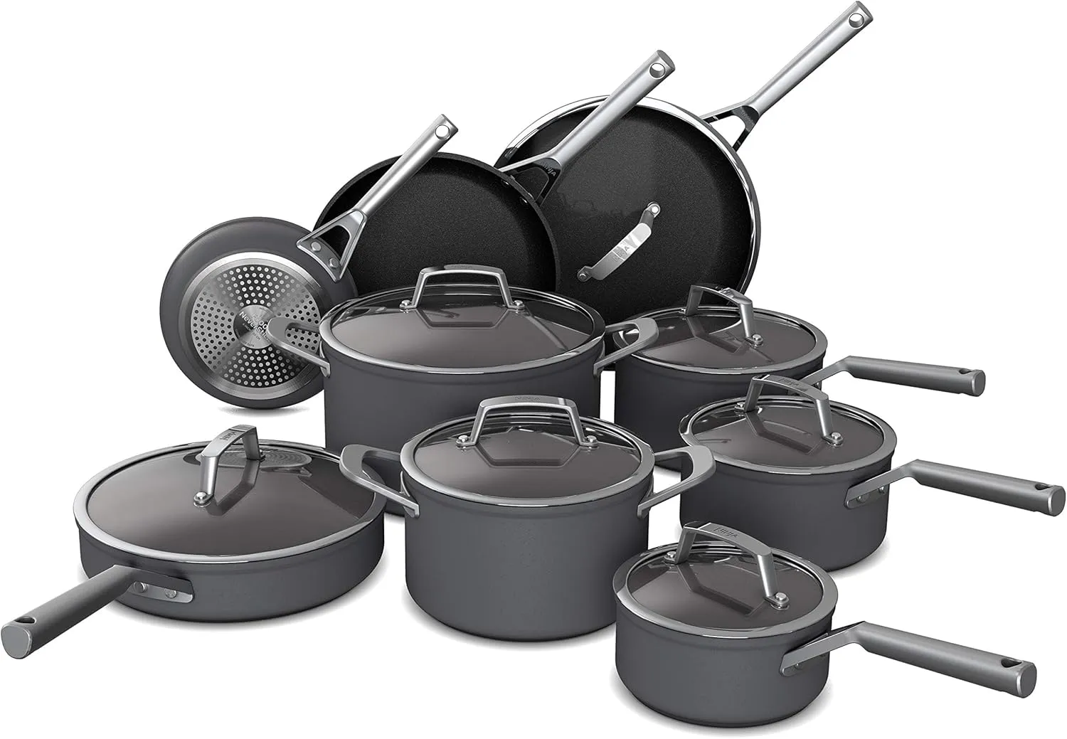 Ninja Cookware, Ninja NeverStick Professional, 16-Piece Pots and Pans Set, Non Stick Frying Pans, Kitchen Essentials, Stock Pot, Sauce Pan, Glass Lids, Saute Pan, All Stovetops, Black, C39900