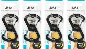 Nite Ize Ahhh... Stainless Bottle Opener - Keychain with S-Biner Functionality - Heavy-Duty Dual Bottle Opener Carabiner - Keychain Accessories - Black, 4 Count (4 Pack)