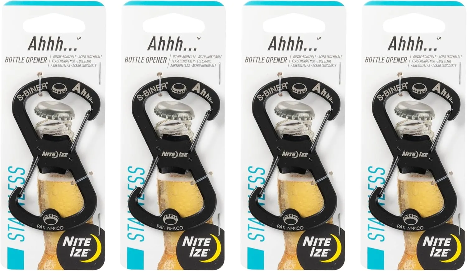 Nite Ize Ahhh... Stainless Bottle Opener - Keychain with S-Biner Functionality - Heavy-Duty Dual Bottle Opener Carabiner - Keychain Accessories - Black, 4 Count (4 Pack)