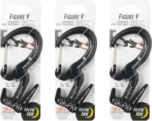 Nite Ize Figure 9 Carabiner Rope Tightener - Heavy-Duty Carabiner Clip - Cord & Rope Tightener with Wire Gate - Carabiner Camping Accessories & Tent Essentials - Large, Black (3 Pack)