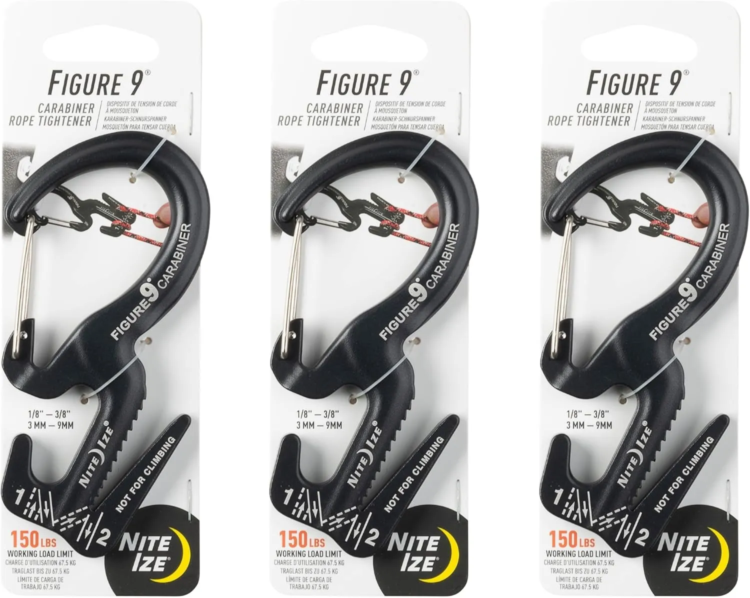 Nite Ize Figure 9 Carabiner Rope Tightener - Heavy-Duty Carabiner Clip - Cord & Rope Tightener with Wire Gate - Carabiner Camping Accessories & Tent Essentials - Large, Black (3 Pack)