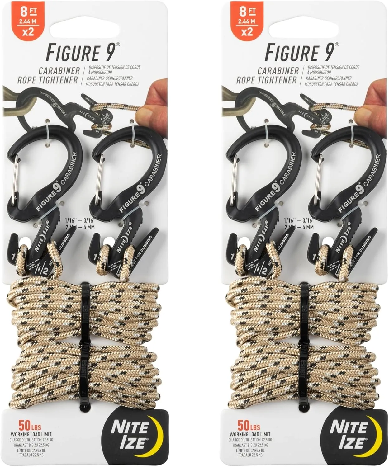 Nite Ize Figure 9 Carabiner Rope Tightener - Heavy-Duty Carabiner Clip - Cord & Rope Tightener with Wire Gate - Carabiner Camping Accessories & Tent Essentials - Small, Black (2 Pack)